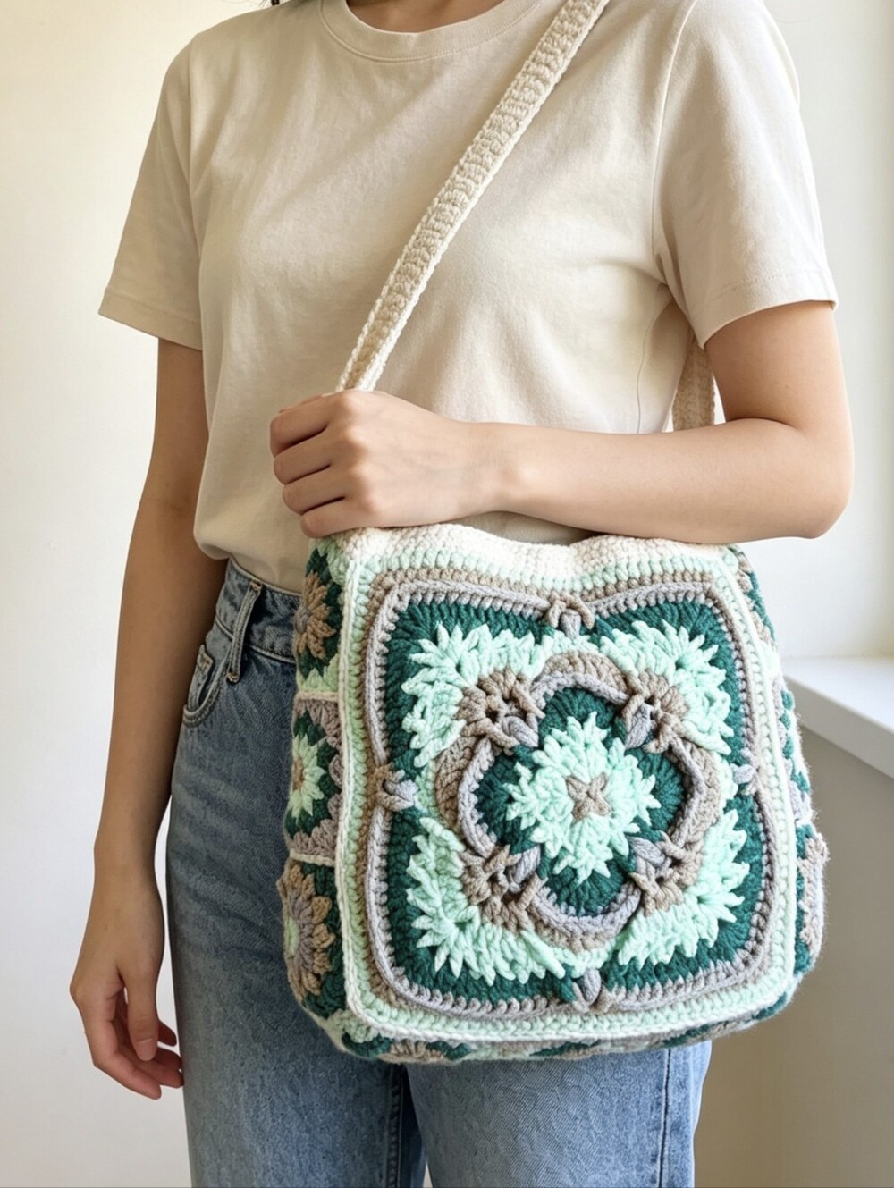 Hand Crafted Crochet Square Crossbody Bag in Mint, Teal and Cream